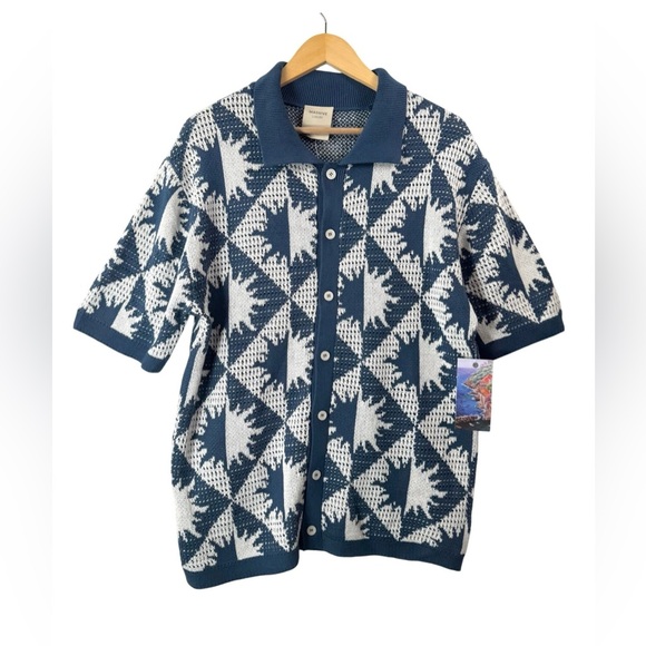 Massive Luxury Mens Crochet knit grandpa cardigan blue beach 90s retro sz L NEW - Picture 1 of 6